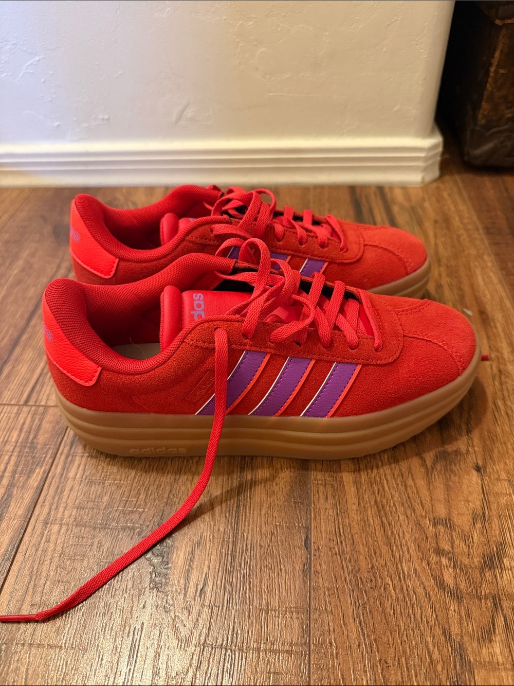 adidas Red Suede Lace-Up Sneakers with Purple Stripes